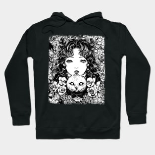 Manga Cat Lover Girl Creepy Drawing - Dark manga art Emo Hoodie